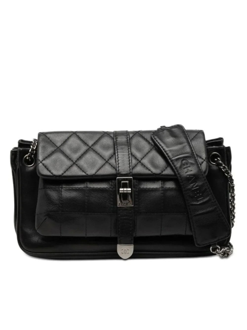 Chanel CC Logo 2.55 Quilted Chain Shoulder Bag Black Lambskin